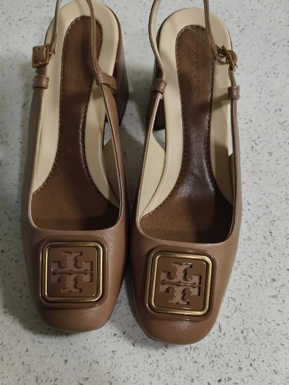 Tory Burch Tan Leather Slingback Heels with Gold Logo Plaque